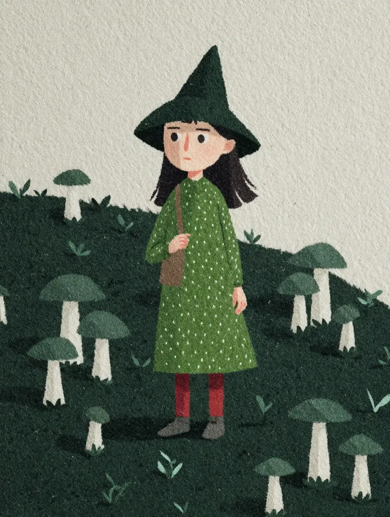 A young witch, wearing a green polka-dotted dress and pointed hat, stands amidst a field of large mushrooms.  Her expression is serious, and she carries a small brown satchel. The illustration style is textured and slightly muted, creating a whimsical, autumnal atmosphere. The mushrooms are various shades of green and white, scattered across a dark green ground. The overall feeling is one of quiet contemplation in a magical forest setting.