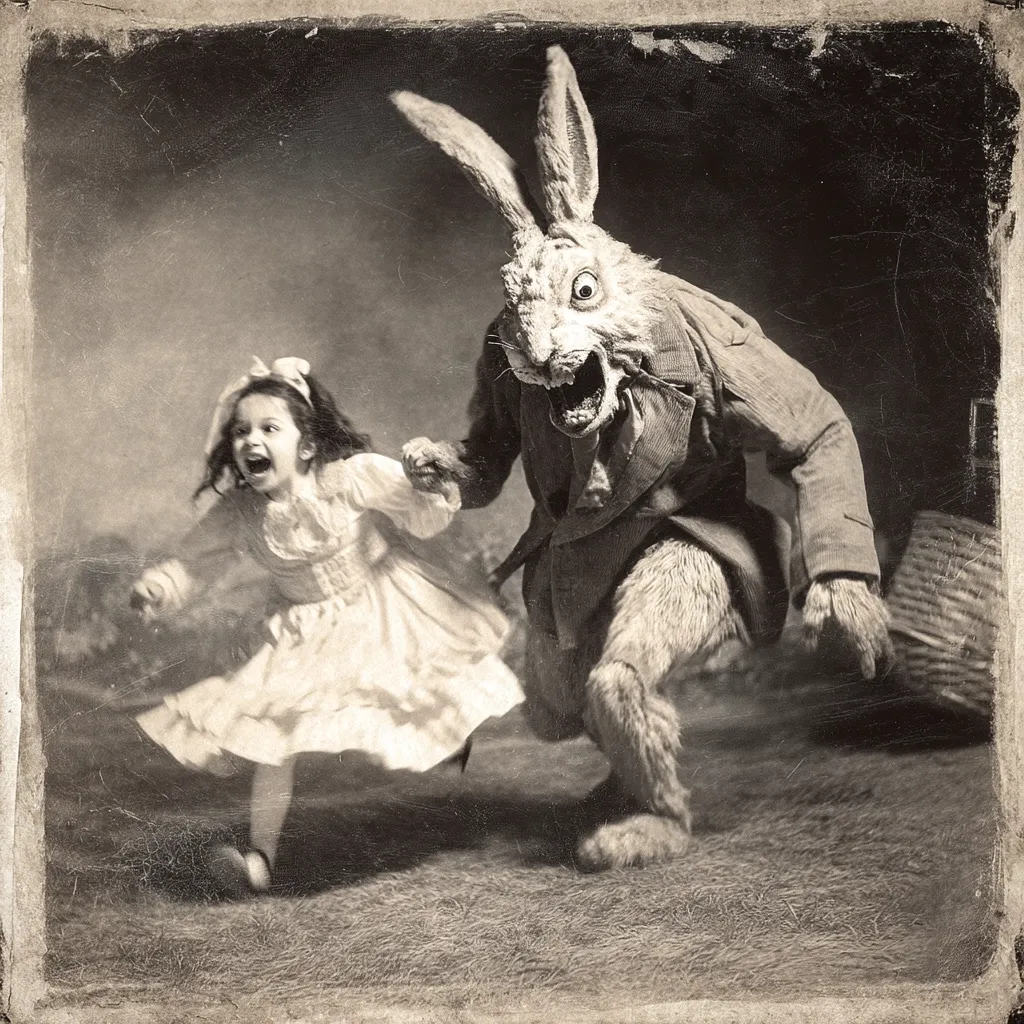 A sepia-toned, vintage-style photograph depicts a young girl in a white dress running away from a menacing, anthropomorphic rabbit. The rabbit, in a coat, has a terrifying expression, its teeth bared in a snarl. The girl's fear is evident in her expression and frantic movement.  The image has a dark, unsettling atmosphere reminiscent of a gothic fairytale.  A basket lies partially visible in the background.
