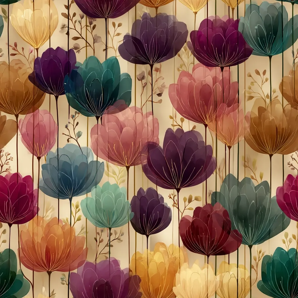 A seamless pattern showcases a profusion of stylized flowers in a variety of jewel tones.  The blooms, rendered in a watercolor style with translucent petals,  are depicted on slender stems against a pale beige background.  The color palette includes deep purples, rich teals, warm oranges, and muted pinks, creating a luxurious and sophisticated floral design.  Delicate, thin lines accentuate the flower forms.