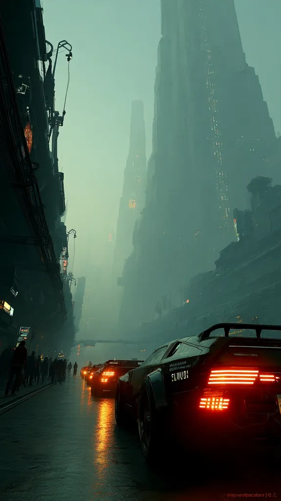 A futuristic cityscape shrouded in fog is depicted, with towering, imposing buildings lining a narrow street.  A line of sleek, dark sports cars, their taillights glowing, drives through the misty scene.  Pedestrians are faintly visible on the sidewalk, adding a sense of scale to the otherworldly architecture. The overall atmosphere is dark, moody, and evocative of cyberpunk aesthetics.