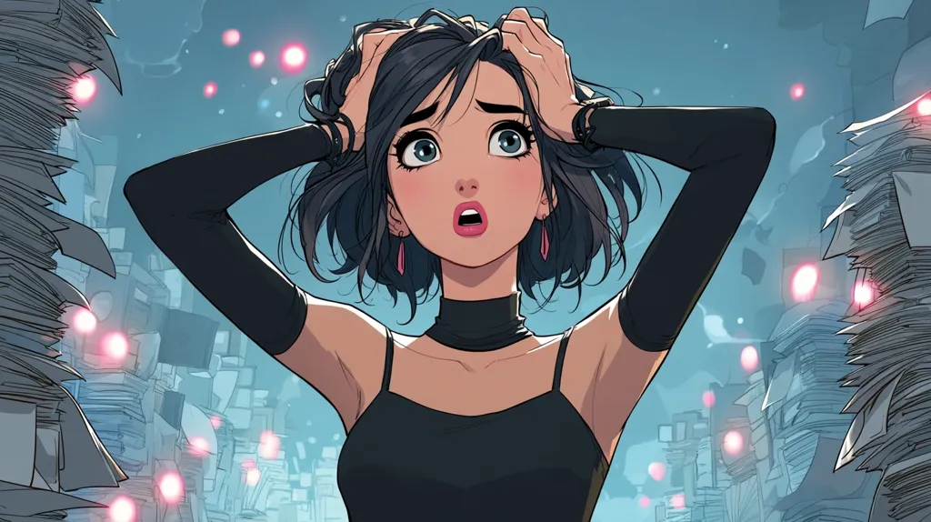 A stylized anime-style illustration depicts a young woman with dark hair and large eyes, hands gripping her head in a gesture of stress or overwhelm. She's dressed in a black sleeveless top and long black sleeves.  Towering stacks of papers surround her, suggesting a heavy workload or overwhelming task.  Pink glowing particles float in the air, adding to the dramatic atmosphere.  Her expression is one of shock and distress.