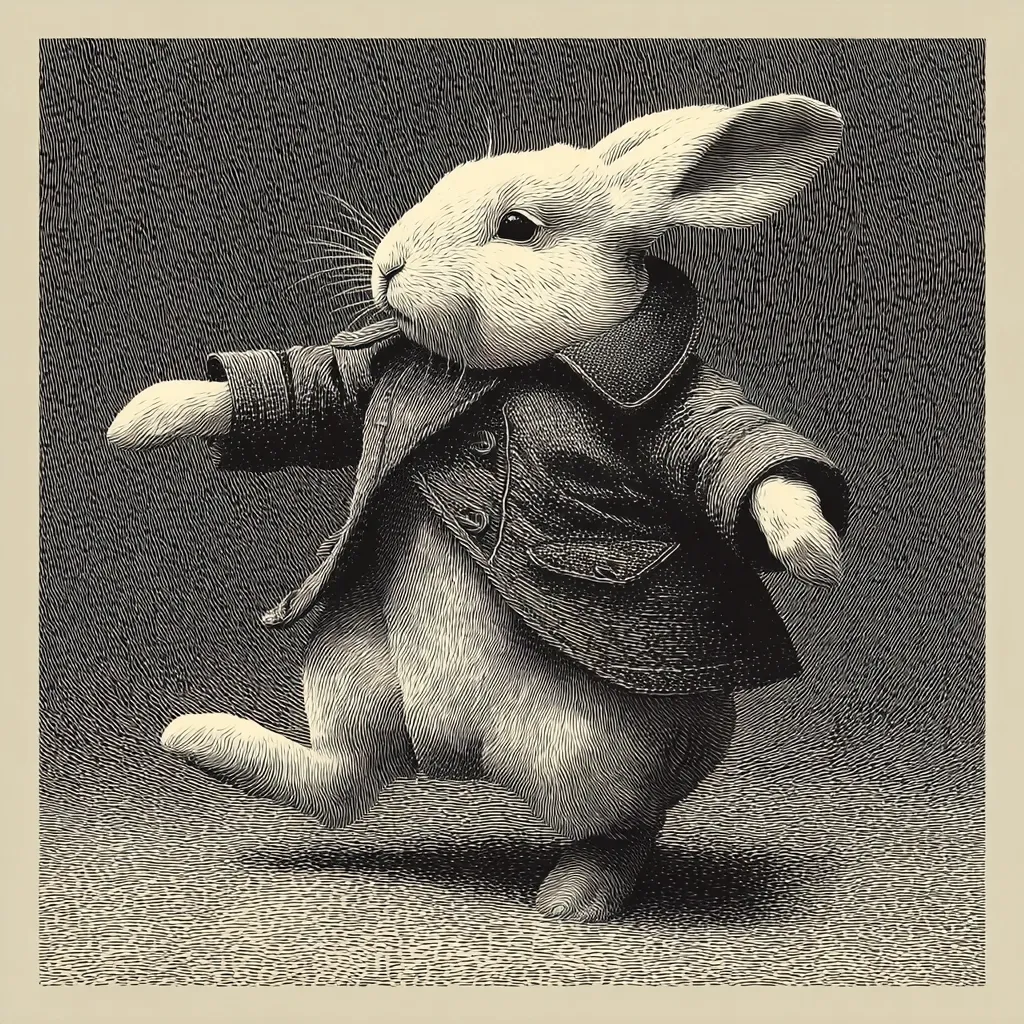 A meticulously detailed black and white illustration showcases a rabbit, elegantly attired in a collared jacket.  The rabbit's posture suggests a lively dance or a playful skip. The image is rendered in a style reminiscent of woodcuts or engravings, with fine lines creating a textured and expressive effect. The rabbit's fur and the fabric of its jacket are depicted with remarkable detail, enhancing the overall artistic quality.