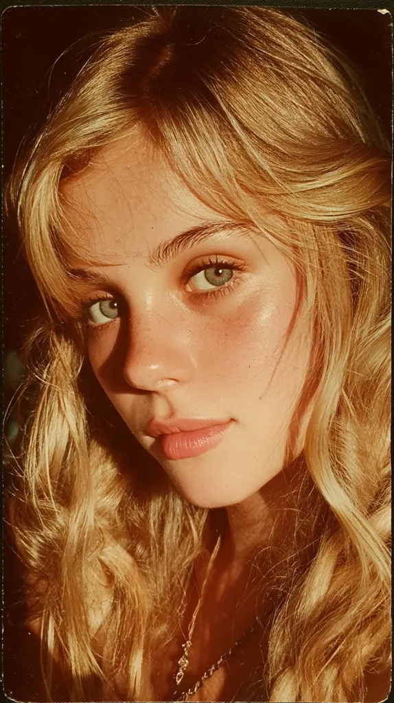 Close-up portrait of a young woman with long, wavy blonde hair.  She has fair skin, green eyes, and a soft, natural makeup look.  The lighting is warm and golden, creating a nostalgic, vintage feel.  She is looking directly at the camera with a gentle expression.  A delicate gold necklace is visible around her neck.