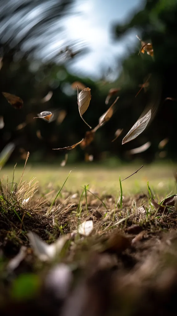 Dry, brown leaves are caught in a gust of wind, swirling and dancing through the air.  They're falling towards a patch of short grass, a blurred background suggesting a park or field. The shallow depth of field focuses on the falling leaves, creating a dynamic and ethereal image of autumn's fleeting beauty. The motion blur adds to the sense of movement and wind.