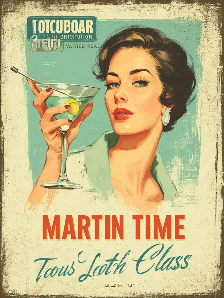 A vintage-style poster features a glamorous woman elegantly holding a martini glass.  The text proclaims "MARTIN TIME Tous Lath Class," suggesting a sophisticated cocktail hour.  The retro design incorporates a muted color palette and distressed textures, evoking a mid-century aesthetic.  Additional text at the top appears to be a title or brand name. The overall mood is one of refined enjoyment and classic style.