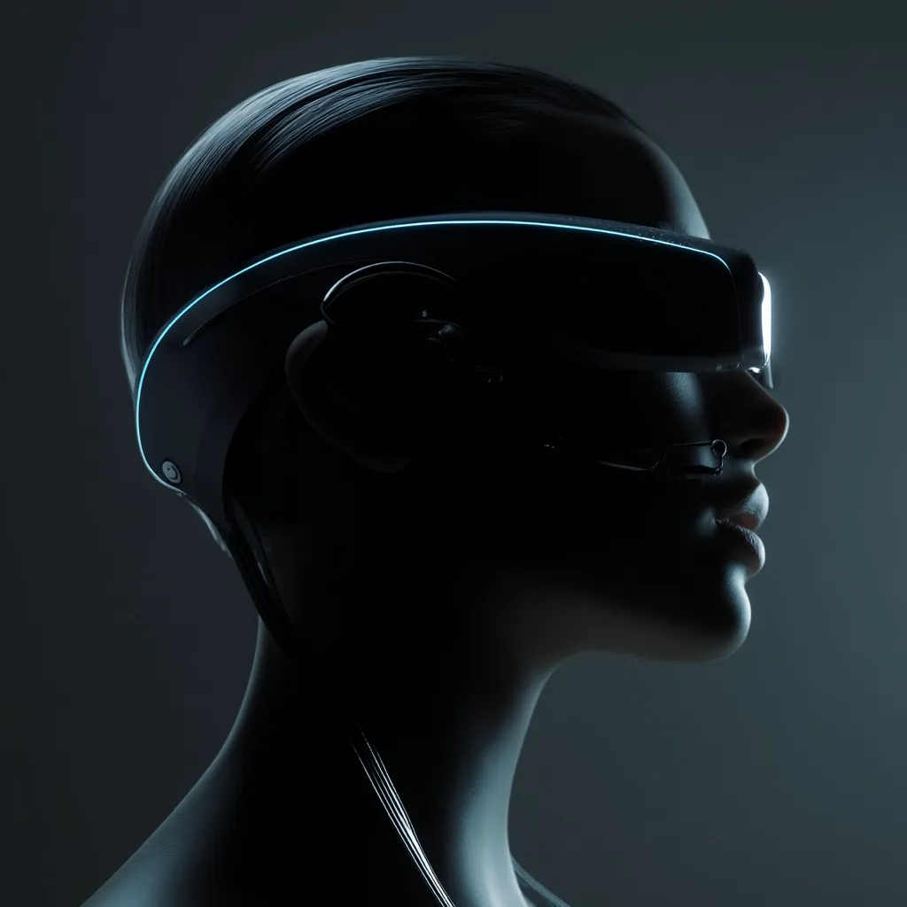 A stylized profile of a person wearing futuristic eyewear. The dark, sleek headgear features a thin, glowing blue line, suggesting advanced technology. The subject's face is largely in shadow, emphasizing the sleek lines of the device and creating a sense of mystery and technological advancement.  The overall mood is dark and cinematic.