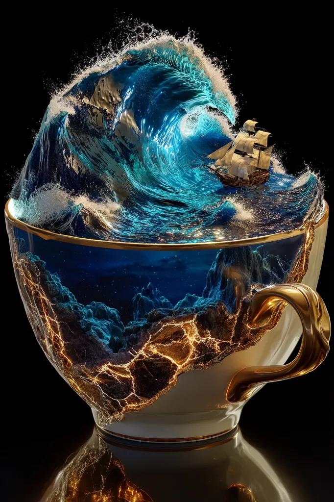 A large, crashing ocean wave, complete with a sailing ship, is captured within a delicate teacup.  The cup's interior reveals a fantastical, glowing underworld beneath the stormy sea.  The contrast between the turbulent water and the elegant, gold-trimmed cup creates a surreal and captivating image.  The scene is dramatically lit against a black background.