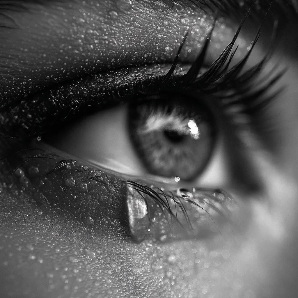 A close-up, black and white shot captures a woman's eye, glistening with moisture.  Water droplets cling to her eyelashes and skin, creating a dramatic, sensual effect.  The image emphasizes the texture of the skin and the detail of the eye, particularly the long, dark lashes.  The overall mood is one of intimacy and vulnerability.