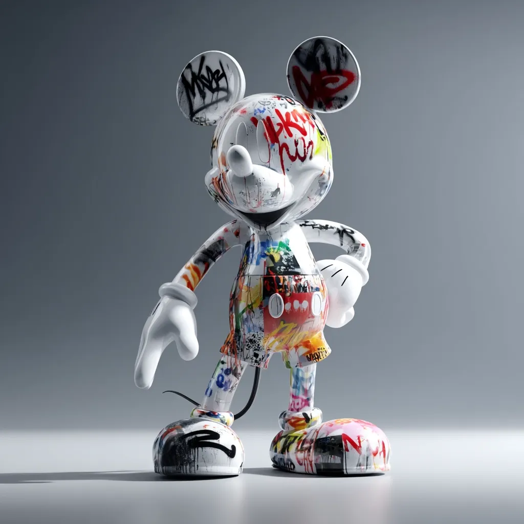 A vibrant, three-dimensional rendition of Mickey Mouse is depicted, his iconic form adorned with a chaotic yet artistic layering of graffiti and collage elements.  The predominantly white figure is splashed with bold colors and textural patterns, transforming the classic character into a street-art masterpiece. The image showcases the statue from a slightly low angle, highlighting its details and setting against a neutral gray background.