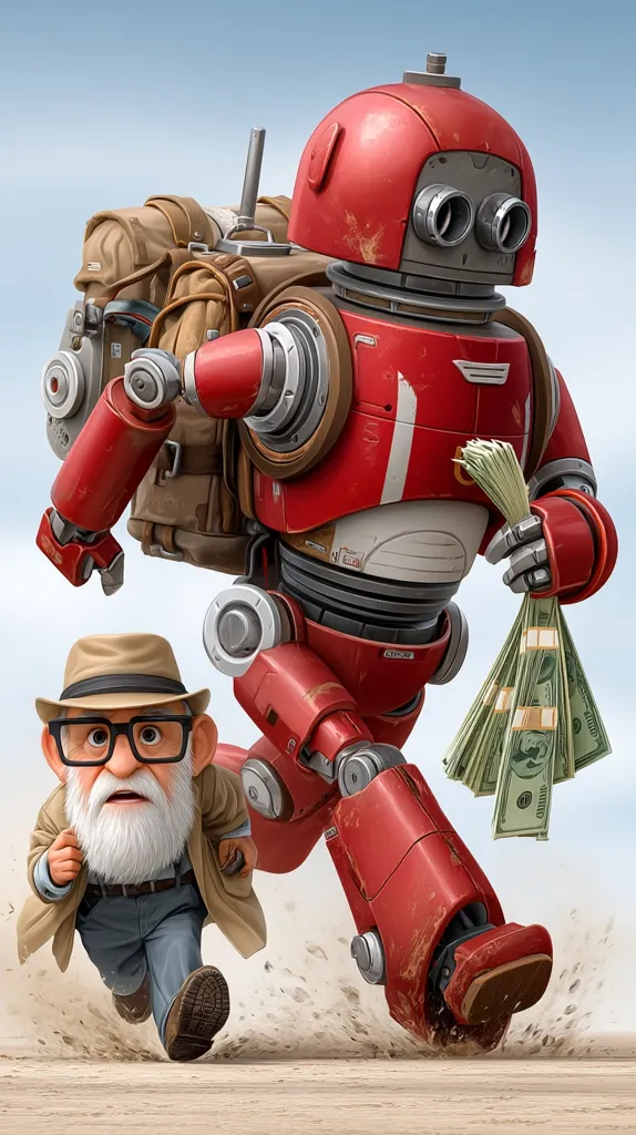 A rusty red robot, carrying a large backpack and a wad of cash, strides across a dusty landscape.  A small, elderly man in a hat and glasses frantically runs alongside the robot, seemingly trying to catch up. The scene is rendered in a style reminiscent of animation or digital art, with a focus on detailed textures and character expressions.  The overall impression is one of a comedic chase or unexpected partnership.