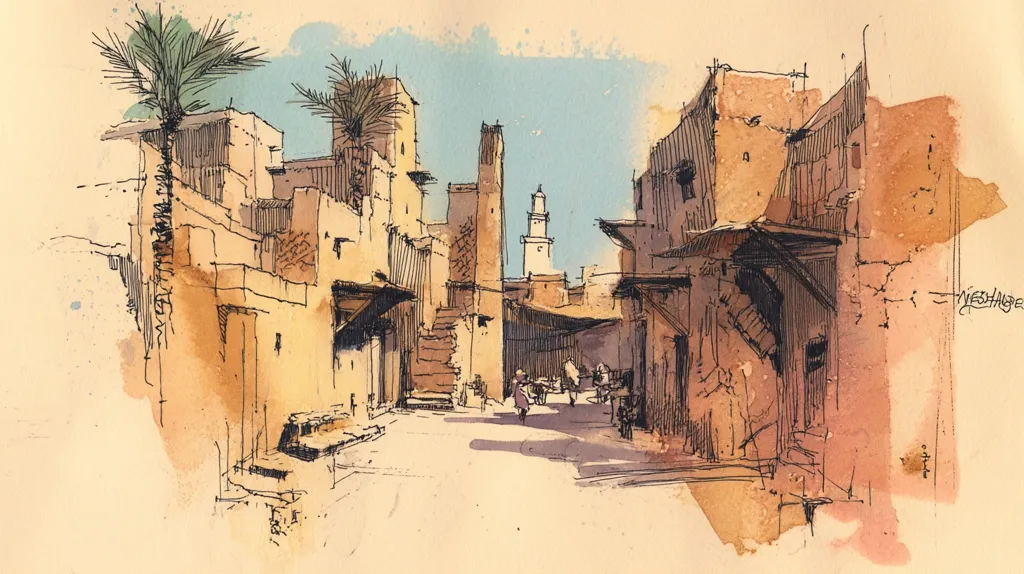 A watercolor and ink sketch depicts a sun-drenched alleyway in a Middle Eastern town.  Buildings of varying heights and states of repair line the narrow street, their ochre walls contrasting with the deep shadows.  A slender minaret rises in the distance, providing a focal point.  Palm trees cast dappled shade, and a few figures are subtly suggested, adding to the scene's peaceful atmosphere. The artist's signature is visible in the lower right.