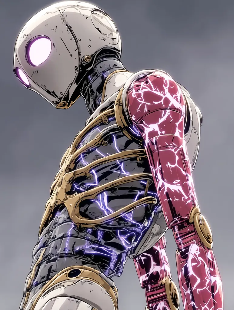 A stylized robotic figure, possibly a humanoid android, is depicted. Its design blends metallic and organic elements; a pale head with a glowing eye contrasts with crimson, cracked limbs, suggesting damage or energy flow.  Gold accents and exposed internal structures enhance a futuristic, possibly distressed aesthetic. The robot’s pose conveys a sense of strength and defiance. The overall style is reminiscent of comic book art or digital illustration.