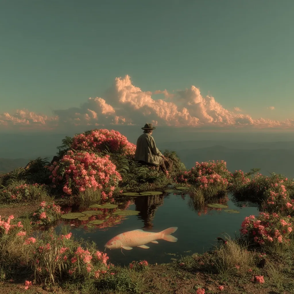 A lone figure in a hat sits contemplatively on a mountaintop, overlooking a serene vista.  A small pond nestled in flowering bushes reflects the sky and holds a single, large koi fish. The scene is peaceful, imbued with a dreamy, nostalgic atmosphere, enhanced by soft, pastel hues. The overall feeling is one of quiet solitude and contemplation amidst breathtaking natural beauty.