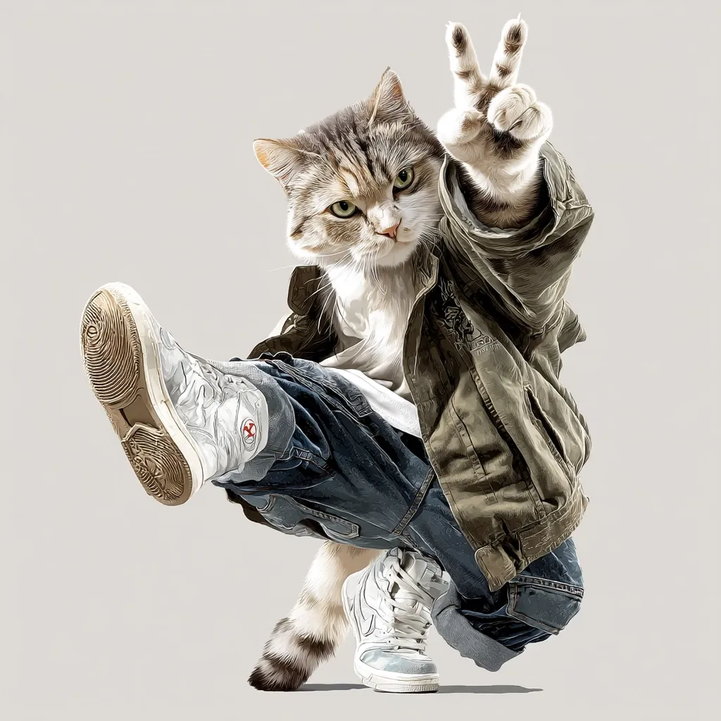 A tabby cat is depicted in a dynamic breakdancing pose, wearing stylish streetwear including a khaki jacket, blue jeans, and high-top sneakers.  One paw is raised in a peace sign, showcasing a playful and rebellious attitude. The image is a digitally created illustration with a focus on sharp details and realistic textures of the clothing and cat's fur. The overall tone is vibrant and humorous.