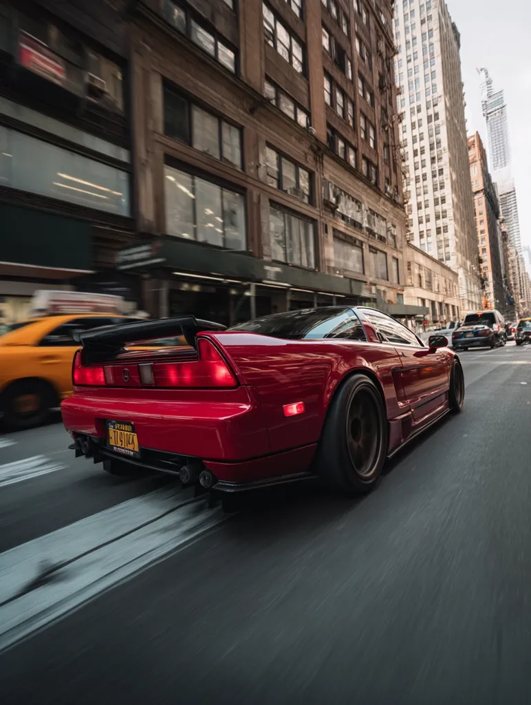 A vibrant red Acura NSX speeds down a New York City street.  The city's tall brownstone buildings blur in the background, emphasizing the car's motion. The NSX, modified with aftermarket parts, is the focal point, its sleek lines and powerful presence highlighted by the motion blur.  Other vehicles are visible, but the NSX dominates the scene.