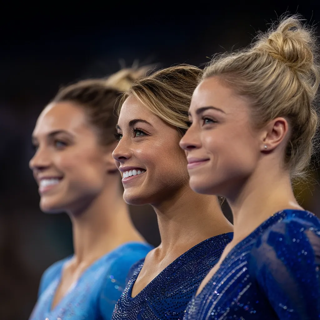 Three female gymnasts stand side by side, their profiles captured in a close-up shot.  They wear matching blue leotards, adorned with subtle sparkle. Their hair is styled neatly, showcasing their athletic build and elegant appearance.  The image conveys a sense of unity and team spirit, possibly taken before or after a competition.
