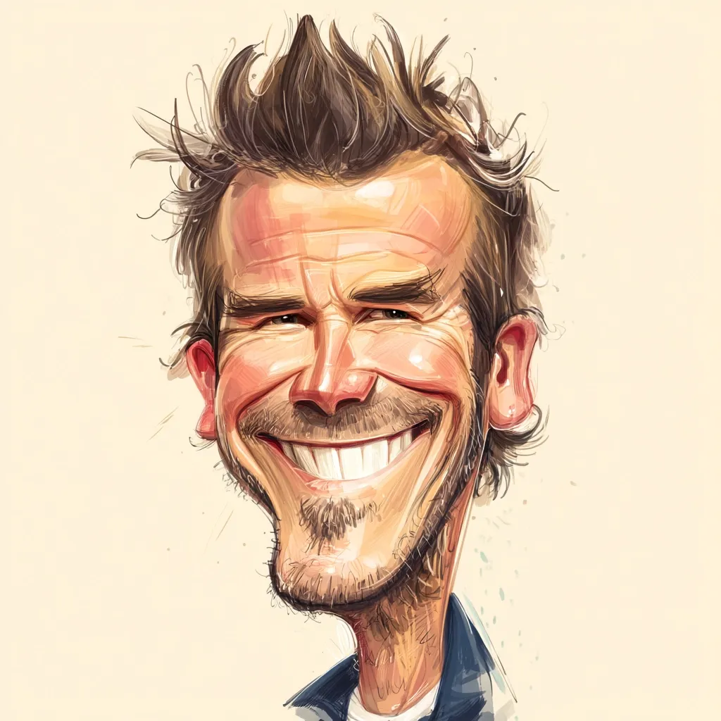 A stylized caricature of David Beckham showcases his signature grin.  His features are exaggerated, particularly his wide smile and prominent cheekbones, creating a playful and humorous portrait.  The artwork utilizes a painterly style with visible brushstrokes, lending a dynamic and textured quality to the image.  His spiky brown hair adds to the overall energetic feel of the piece.