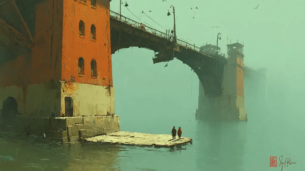 A painting depicts a misty scene of a weathered, orange bridge abutment extending into a calm, green river.  Two small figures stand on a small, concrete platform at the water's edge.  The bridge's aged structure contrasts with the serene atmosphere, creating a melancholic yet beautiful image. Birds fly in the hazy sky above.