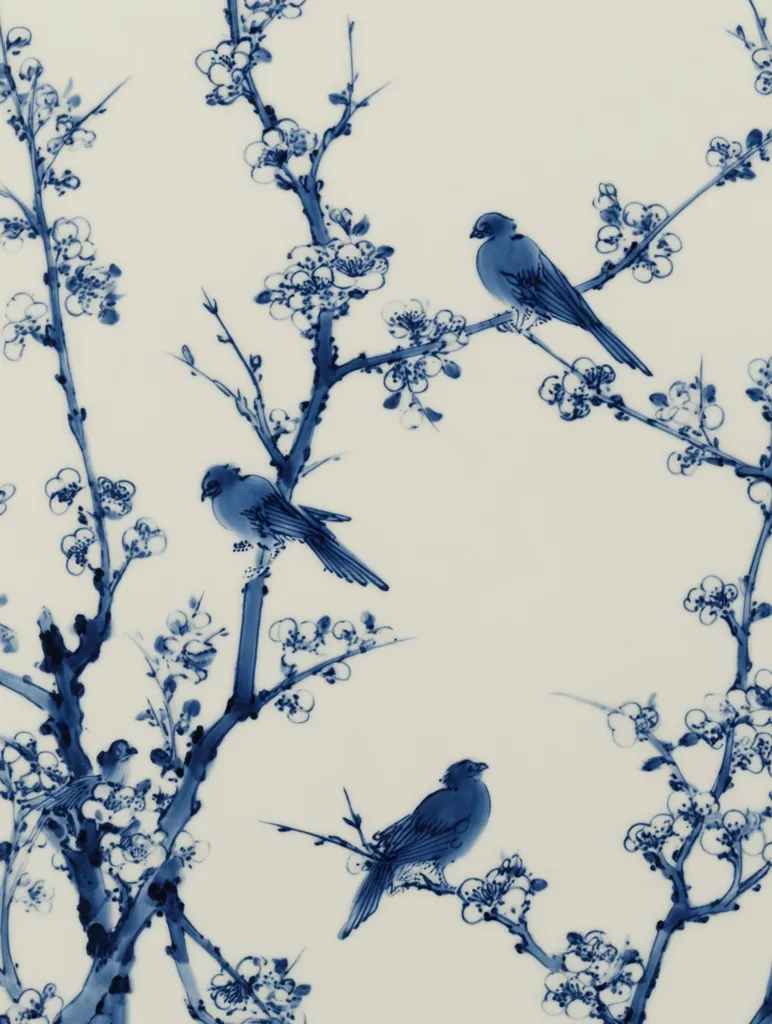A blue and white porcelain design features three birds perched on blossoming plum branches.  The birds are rendered in a delicate, painterly style, their forms outlined against the white background.  The plum blossoms are detailed, showcasing intricate petals and stems. The overall aesthetic is one of serene beauty and classic elegance, evoking a traditional Asian artistic sensibility.