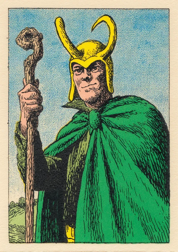 A vintage comic book illustration depicts Loki, the Norse god of mischief. He's portrayed in a yellow horned helmet and a long green cloak, holding a gnarled wooden staff. His expression is smug, suggesting a mischievous plan. The background is a simple blue sky with hints of green landscape at the bottom.  The style is reminiscent of classic comic book art, with bold lines and vibrant colors.