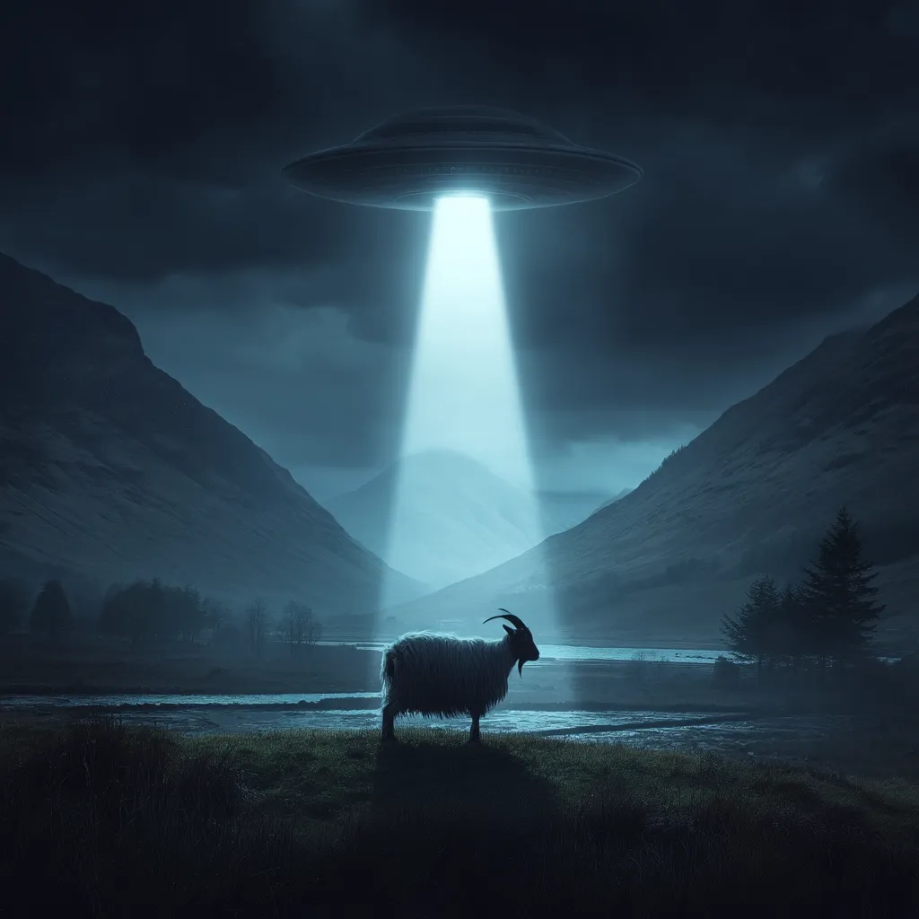 A lone goat stands silhouetted against a serene, moonlit valley.  Above, a UFO hovers, its beam of light illuminating the scene. The dramatic contrast between the otherworldly craft and the peaceful landscape creates a surreal and captivating image.  The mountains rise in the background, adding to the mystical atmosphere.