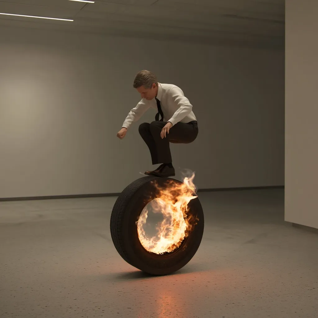 A man in a business suit is poised mid-jump above a burning tire.  The tire is ablaze, the flames forming a ring within its center. The scene is set in a minimalist, empty room, suggesting a performance or artistic statement. The overall impression is one of calculated risk and controlled chaos.