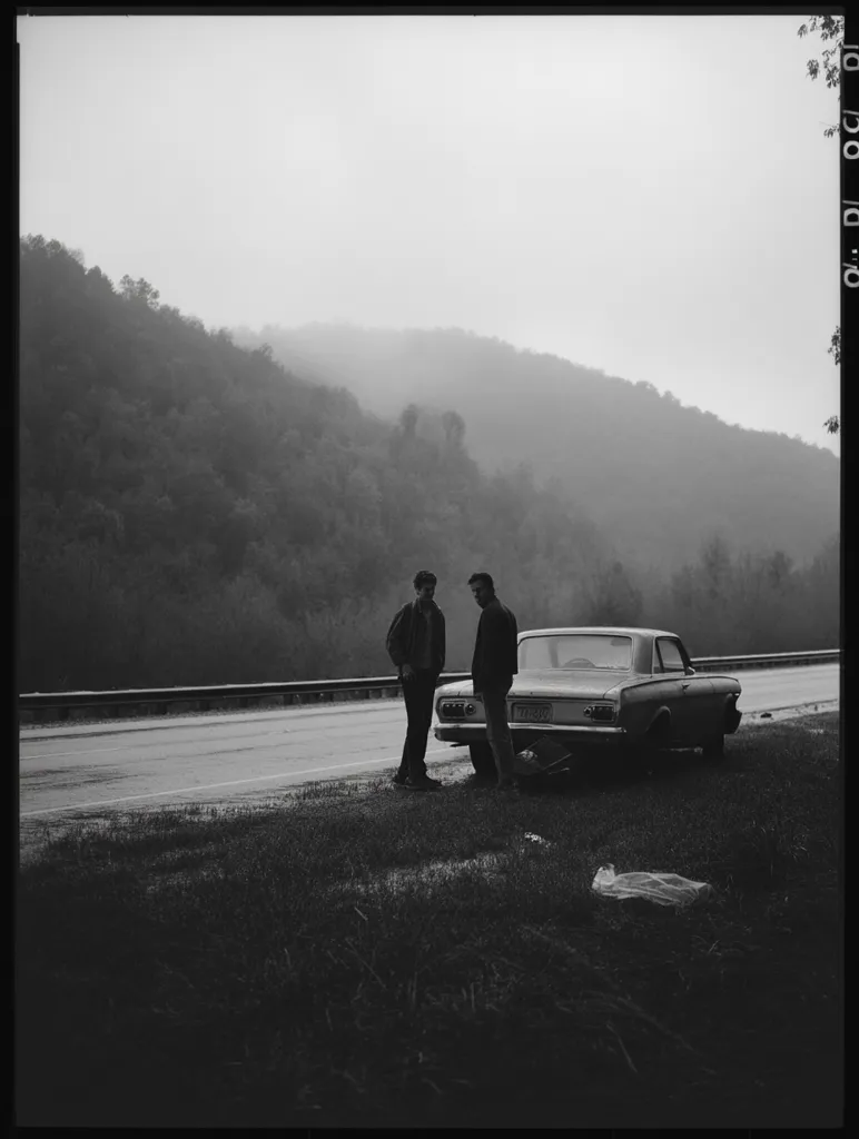 A black and white photograph depicts two young men standing beside a vintage car on a roadside. The car appears to be broken down.  The setting is a misty, mountainous landscape, with a dark and moody atmosphere. The men seem to be assessing the situation, creating a sense of quiet contemplation and possibly trouble.  The overall tone is somber and evocative of a road trip gone wrong.