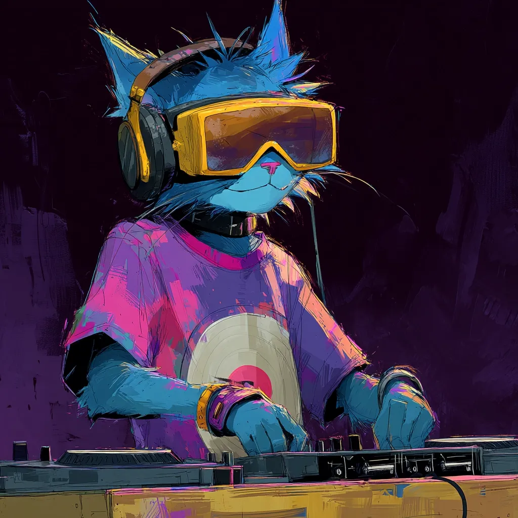 A vibrant digital painting depicts a stylized blue cat DJ.  The cat wears oversized yellow goggles, headphones, and a vibrant purple shirt adorned with a record graphic.  Its blue fur is textured, and it expertly manipulates a DJ mixer. The background is a dark, moody purple, enhancing the cat's bright, almost neon-like appearance. The overall style is expressive and energetic, hinting at a lively music scene.