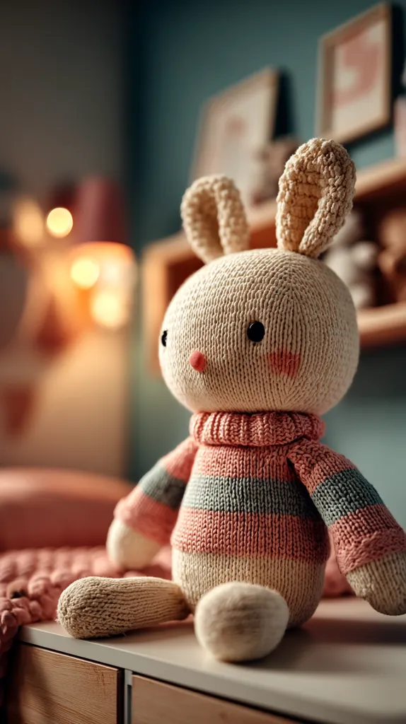 A hand-knitted bunny toy sits on a light wooden dresser.  The bunny is cream-colored with pink and gray striped sweater, and long floppy ears.  It's positioned in a softly lit children's bedroom, with blurred background elements suggesting a cozy and playful atmosphere. The bunny's details, such as its stitched nose and eyes, add to its charming appeal.
