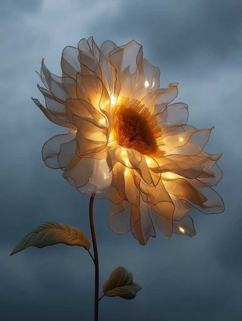 A delicate, illuminated flower crafted from sheer fabric.  The warm light within the petals creates a soft, ethereal glow, resembling a sunflower.  The flower sits atop a simple, dark stem with understated leaves, against a muted blue-grey sky.  The overall effect is one of gentle beauty and tranquility.
