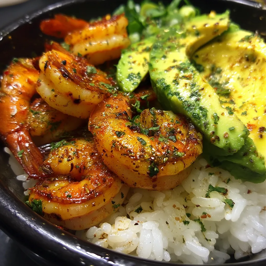 A close-up shot of a bowl of food.  Seasoned shrimp are piled atop fluffy white rice, next to slices of avocado sprinkled with herbs.  The shrimp appear grilled or pan-fried, with a slightly charred exterior.  A hint of green garnish is visible on the rice and avocado. The overall impression is one of a delicious and flavorful meal.