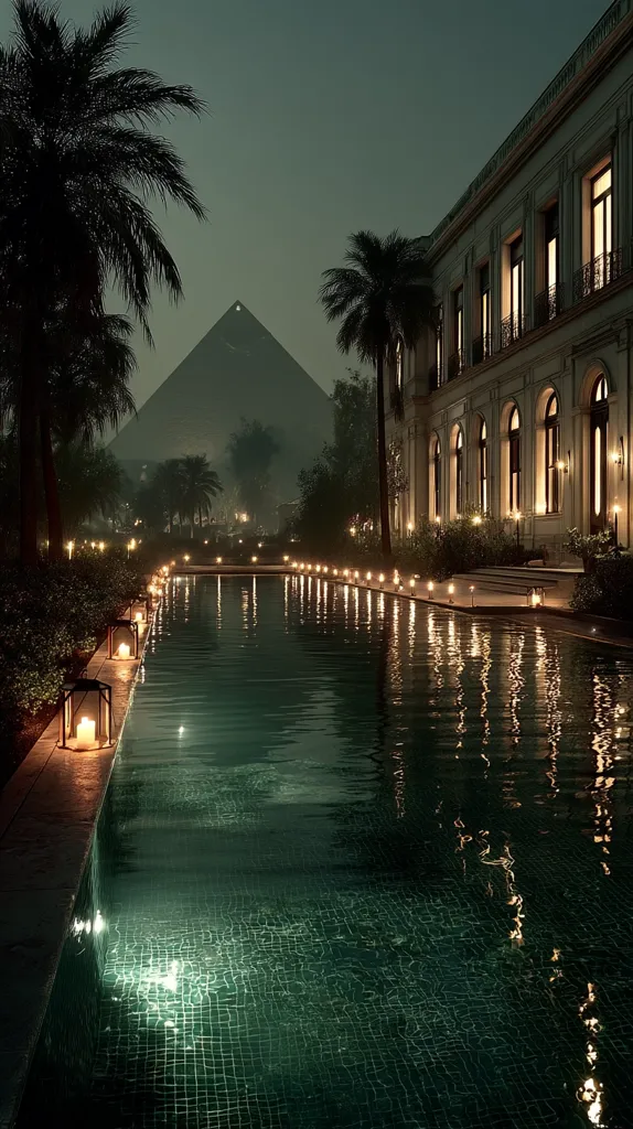 A tranquil nighttime scene unfolds, showcasing a luxurious villa with illuminated windows overlooking a serene, candlelit pool.  Palm trees frame the scene, and in the distance, a pyramid stands silhouetted against the twilight sky.  The image evokes a sense of peaceful opulence and exotic ambiance.