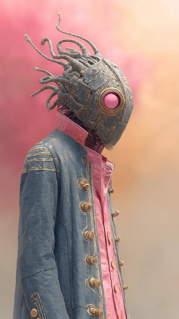A stylized robotic figure, possibly an android, is depicted wearing a long, gray coat with gold buttons over a pink shirt. Its head is a complex mechanical structure with numerous tentacles or appendages, and a single, prominent pink eye. The background is a soft, blurred blend of pink and orange, creating a dreamy, almost ethereal atmosphere. The overall aesthetic is a blend of steampunk and futuristic elements.