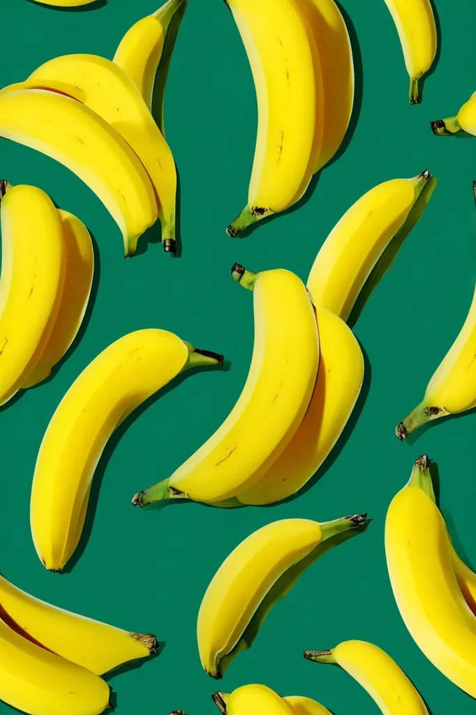 A vibrant pattern of ripe yellow bananas arranged against a deep teal background.  Multiple bunches and individual bananas are scattered across the image, creating a playful and visually appealing design. The bananas are bright and appear fresh, with variations in their curvature and arrangement. The contrasting colors of the fruit and background create a striking effect.