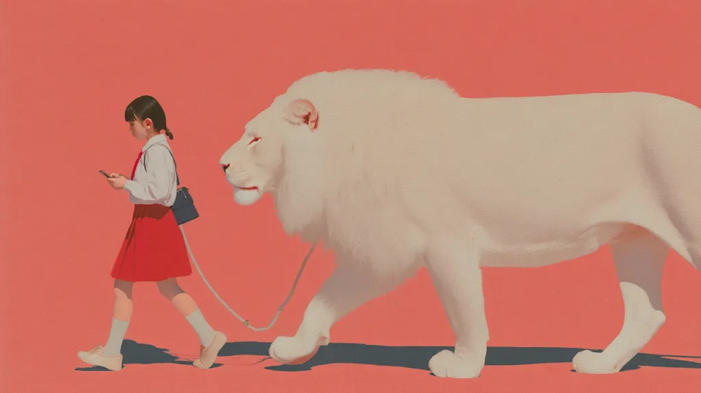 A young girl in a red skirt and white shirt walks down a coral-colored path, leashing a large, pale white lion.  She looks down at her phone as the lion ambles calmly beside her. The minimalist style and unexpected pairing create a surreal and slightly humorous scene. The image's muted colors enhance the unusual juxtaposition of the girl and her unlikely pet.