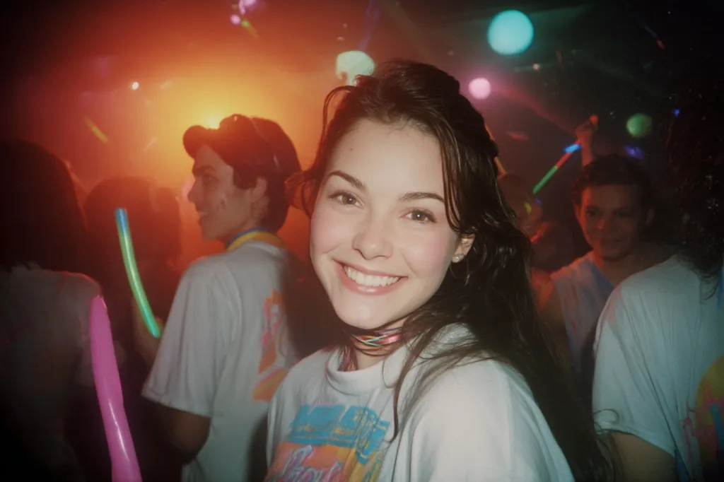A young woman with long brown hair smiles brightly at the camera in a dimly lit nightclub.  She's wearing a light-colored t-shirt with a graphic design.  The background is blurred but shows other people at a party, glow sticks, and colorful lighting. The atmosphere is lively and festive.