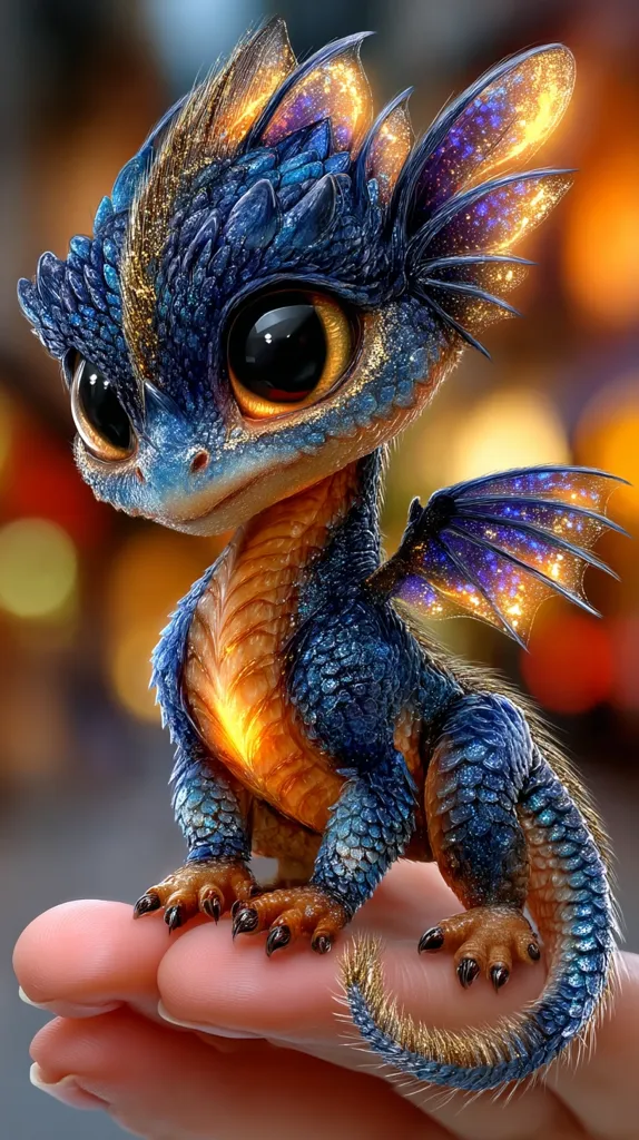 A tiny, adorable dragon rests on a human hand.  Its scales shimmer in shades of blue and gold, and its large, expressive eyes are captivating.  Small, delicate wings sprout from its back, glowing with an inner light. The dragon's body is intricately detailed, and its tail curls gracefully.  The overall image is fantastical and whimsical.