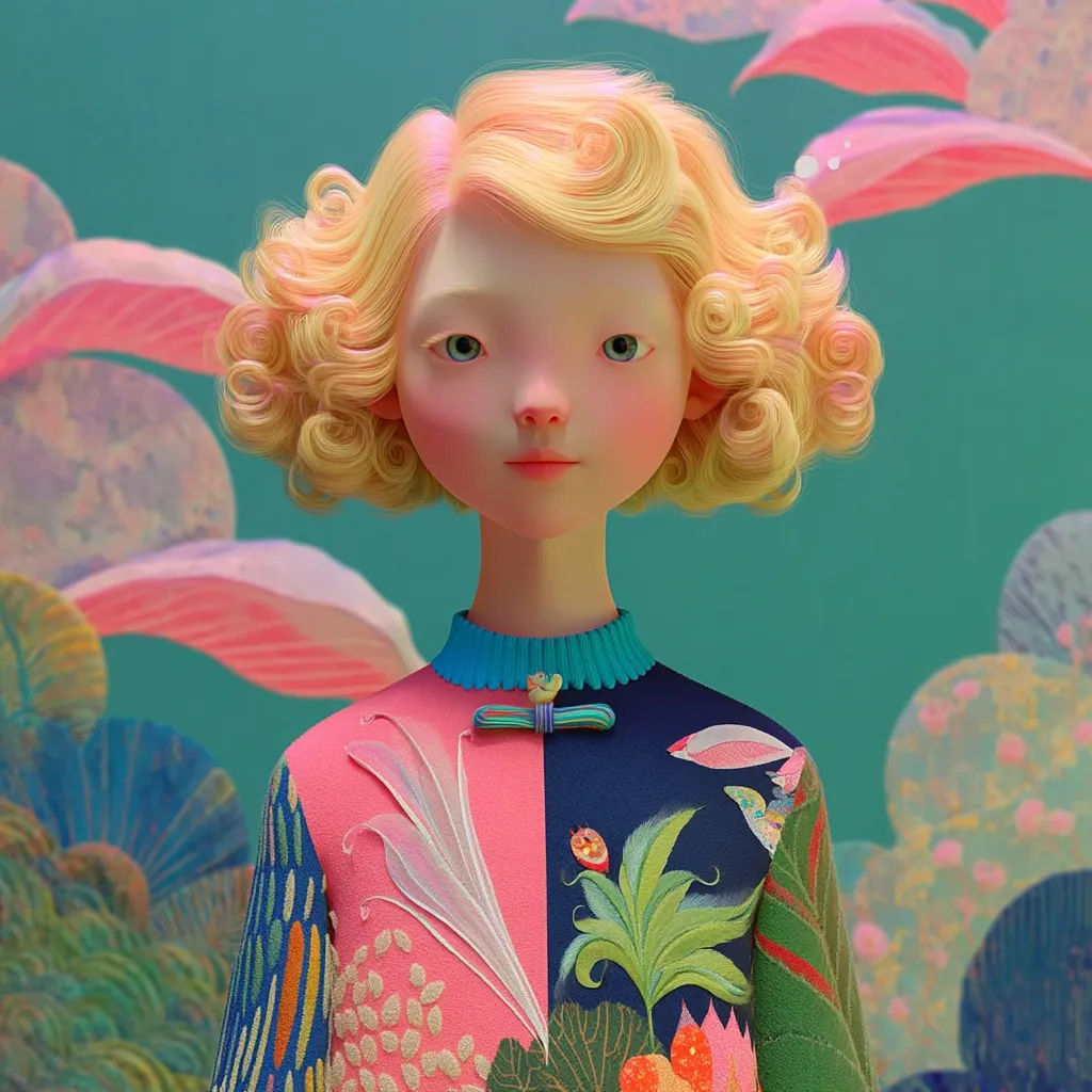 A 3D-rendered portrait of a young girl with blonde, curly hair.  She wears a vibrant, two-toned dress adorned with intricate floral embroidery, reminiscent of traditional Chinese clothing. The background features stylized, pastel-colored flora, creating a whimsical and dreamlike atmosphere. The girl's expression is serene and direct, captivating the viewer's attention.