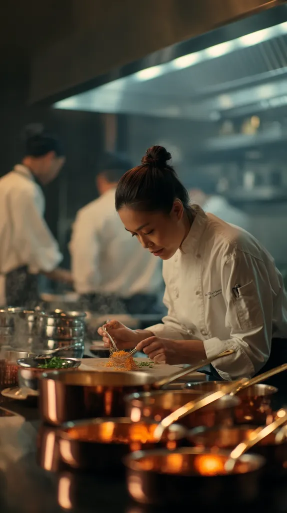 A female chef, hair in a bun, meticulously prepares a dish in a professional kitchen.  She's dressed in a pristine white chef's jacket and uses a whisk to incorporate ingredients.  Other chefs work in the background, blurred, indicating a busy restaurant environment.  Copper cookware is in the foreground, suggesting a focus on high-quality culinary tools and techniques.  The atmosphere is dimly lit and sophisticated.