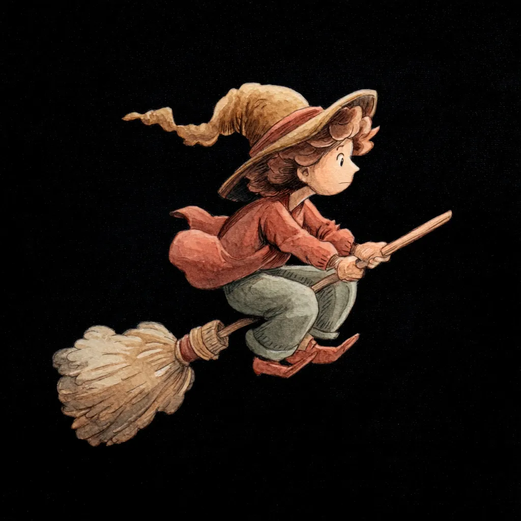 A whimsical watercolor painting depicts a young witch soaring on a broomstick against a stark black background.  The witch, with curly brown hair peeking from under a wide-brimmed hat, wears a reddish-brown jacket and teal pants. The broom's straw bristles are detailed, and the witch's expression is one of quiet concentration as she flies.  The overall style is charming and slightly melancholic.