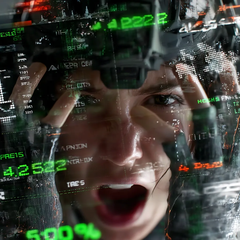 A close-up shot reveals a woman's face partially obscured by a futuristic heads-up display.  Green digital data streams across her features, obscuring her expression except for a wide-open mouth.  Her eyes, visible through the translucent display, convey intense focus or alarm. The overall aesthetic is dark and technologically advanced. The numbers and text on the screen are largely indecipherable but suggest a high-stakes situation.