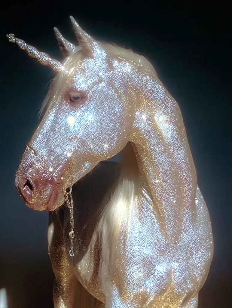 A majestic unicorn, its coat shimmering with a dazzling array of crystals, stands against a dark backdrop.  The light catches the countless sparkling facets, creating a breathtaking effect.  Its long, flowing mane and tail add to its ethereal beauty. The unicorn's horn is adorned with similar glittering embellishments, completing the magical, luxurious appearance.