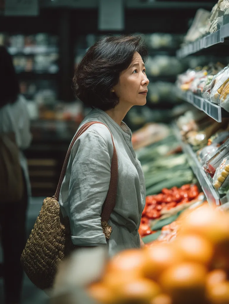 A middle-aged woman with short dark hair browses the produce section of a grocery store.  She carries a woven tote bag and is carefully examining the vegetables and fruits on display. The store is dimly lit, creating a calm and contemplative atmosphere. The focus is on the woman, emphasizing her thoughtful expression as she shops.