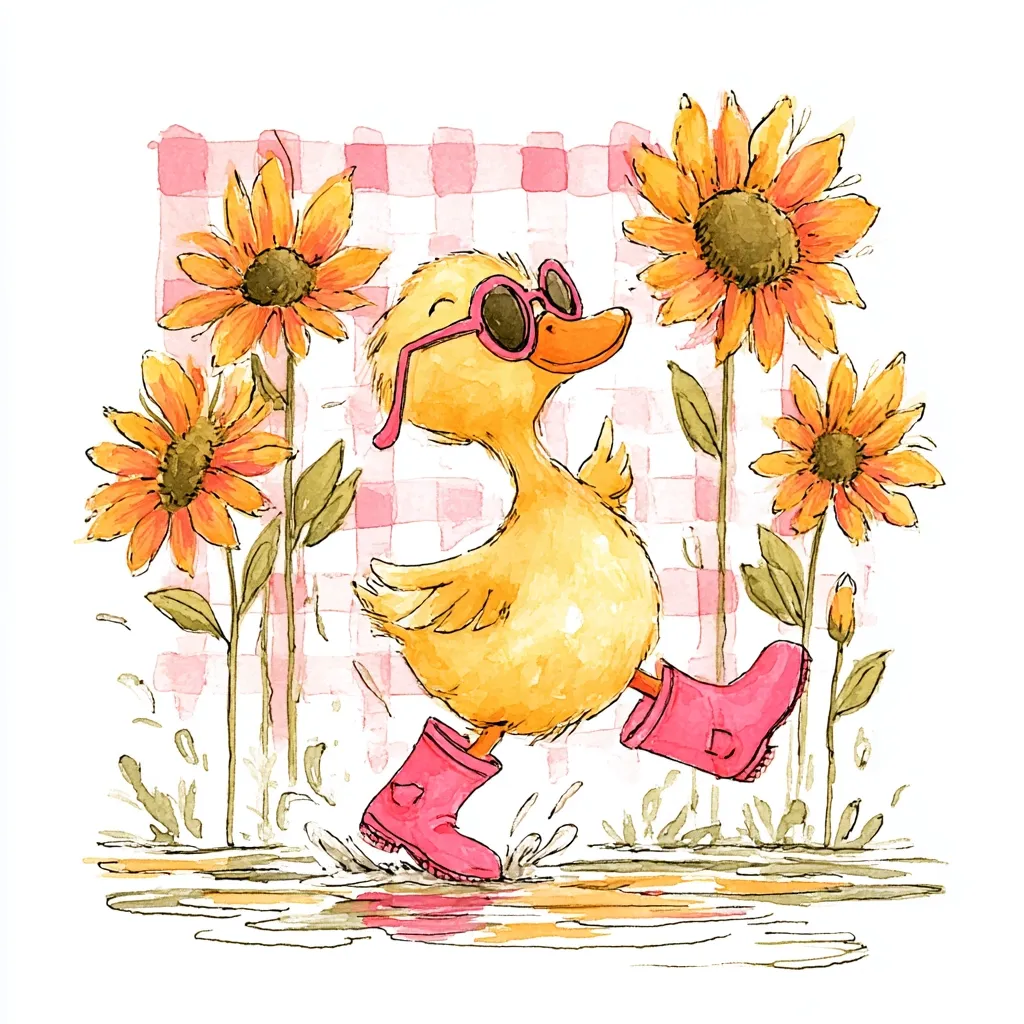 A cheerful yellow duckling, wearing pink sunglasses and rain boots, splashes happily in a puddle.  Surrounding it are vibrant sunflowers blooming against a pink gingham backdrop. The watercolor illustration evokes a sense of joy and springtime. The duckling's playful pose and bright accessories add to the charming scene.