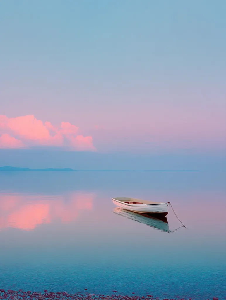 A small white rowboat rests serenely on a calm lake at sunset.  The water reflects the pastel pink and blue hues of the sky, creating a tranquil and peaceful scene. A faint cloud formation is visible in the distance, mirroring itself in the still water. The overall mood is one of serenity and quiet beauty.