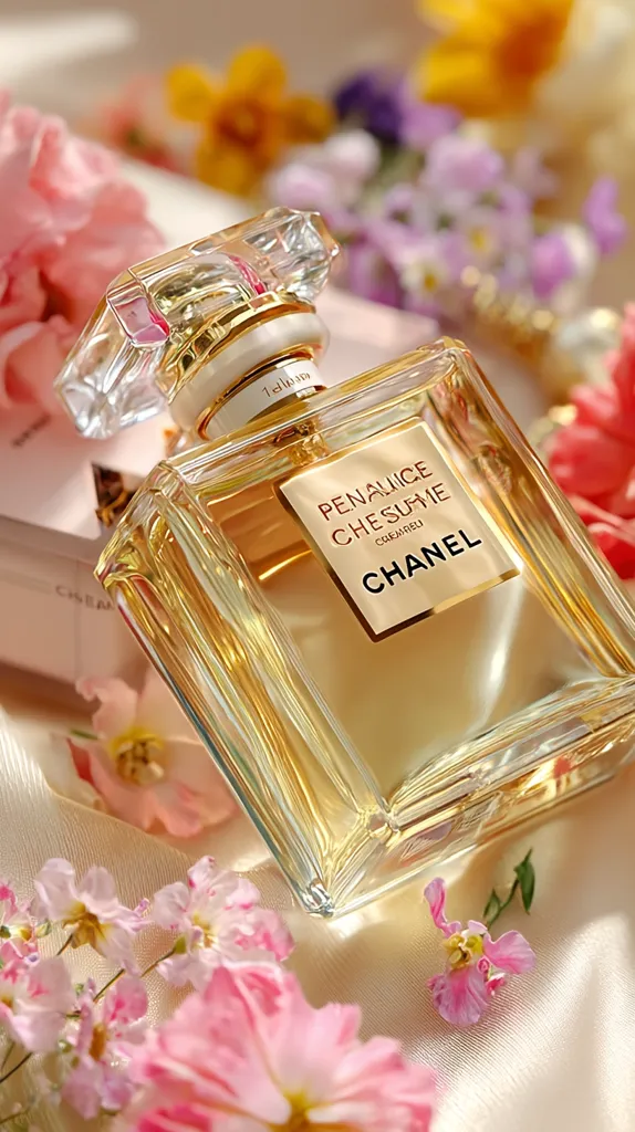 A bottle of Chanel Penhaligon's Chesnuvie perfume rests on a cream-colored fabric, surrounded by delicate pink and yellow flowers. The perfume bottle is rectangular with a gold cap and a clear glass body, showcasing the golden liquid inside. The Chanel logo is prominently displayed on the label. The overall aesthetic is luxurious and feminine, emphasizing the fragrance's delicate and sophisticated nature.
