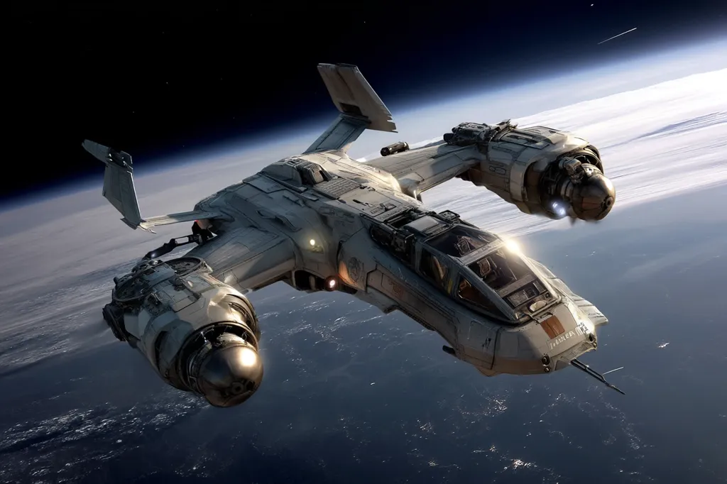 A futuristic spacecraft, possibly a fighter or transport vessel, soars above a planet's atmosphere.  Its design incorporates sleek, angular lines and powerful engines. The craft is predominantly light gray, with visible cockpit windows and detailed mechanical features. The Earth below is partially visible, showcasing a blend of land and water.  The scene evokes a sense of interstellar travel and exploration.