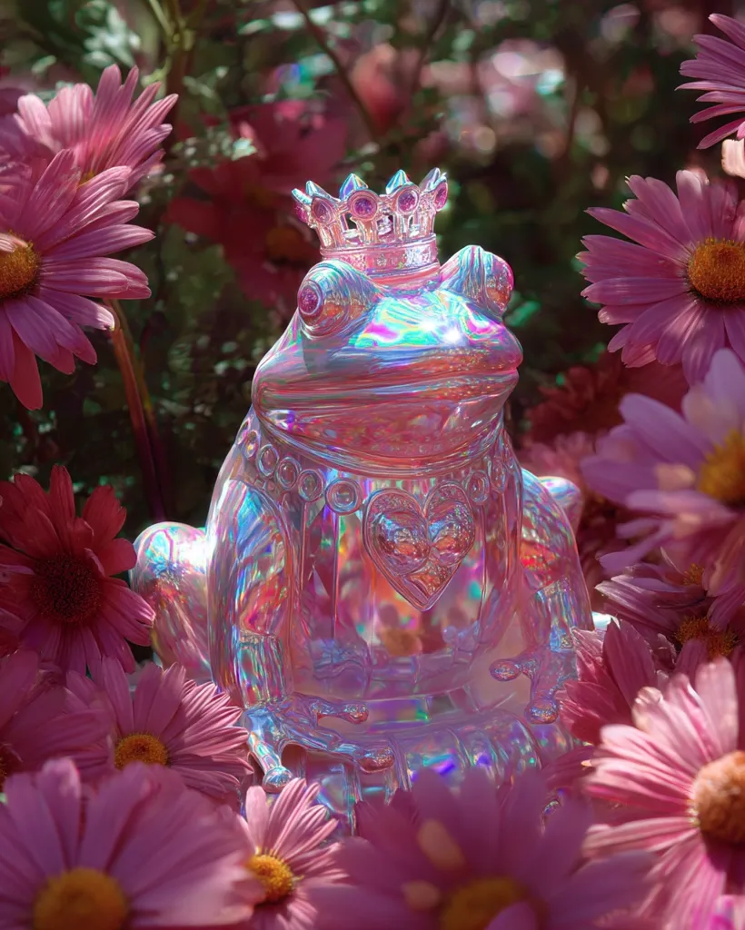 A iridescent pink glass frog figurine, adorned with a jeweled crown and heart-shaped embellishment, sits amidst a vibrant cluster of pink daisies.  The frog's translucent body reflects light, creating a shimmering effect. The scene evokes a whimsical, fairytale-like atmosphere. The overall aesthetic is delicate and charming.