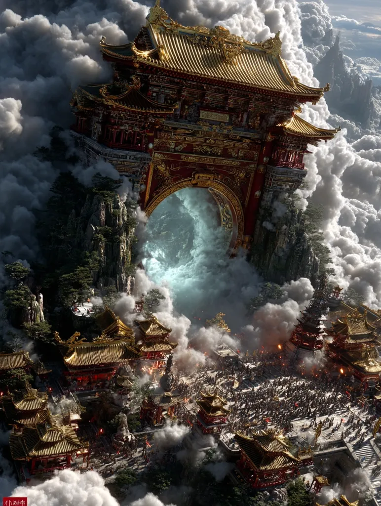A majestic, ornate golden and red Chinese archway, nestled in a mountainous cloud landscape, serves as a gateway to a swirling, ethereal portal. Below, a sprawling city teems with activity, possibly amidst a battle, as smoke and chaos fill the scene. The architecture is detailed, reflecting a blend of fantasy and traditional Chinese design. The overall atmosphere is one of epic scale and otherworldly grandeur.
