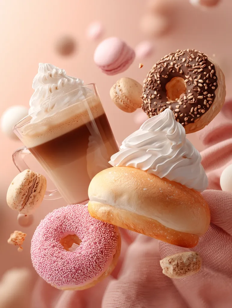 A delightful image showcasing a levitating assortment of pastries and a coffee drink.  A glass of coffee with whipped cream sits alongside pink and chocolate donuts, a cream-topped bun, and several macarons. The treats appear to float against a soft pink backdrop, creating a whimsical, appetizing scene.  The overall mood is light, airy, and sweet.